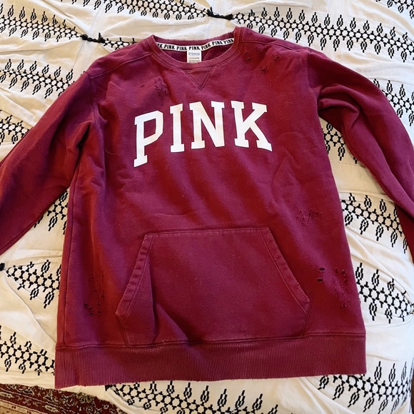 Burgundy PINK Crew Neck with Distress - Picture 1 of 2